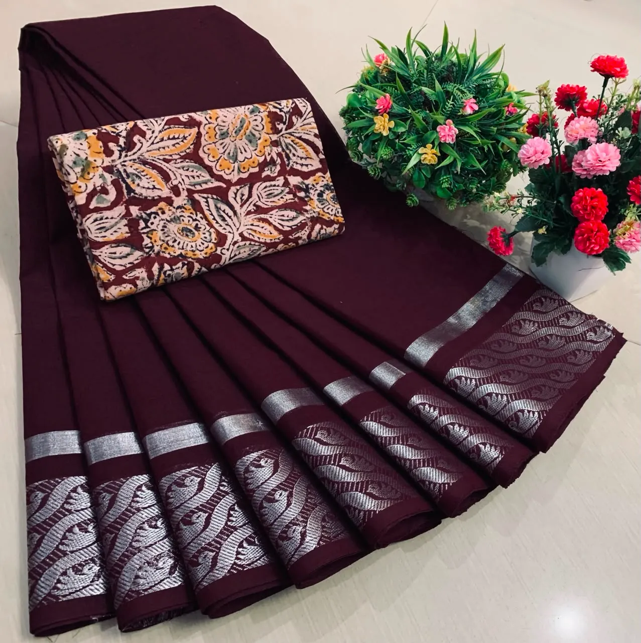 Wine Maroon Chettinadu Pure Cotton Saree with Kalamkari Blouse